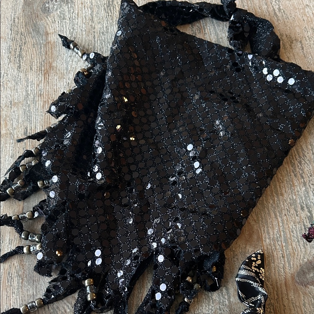 Vintage Four Beaded Fringe Scarves - Black, Pink, Green, Patterned - Picture 3 of 4